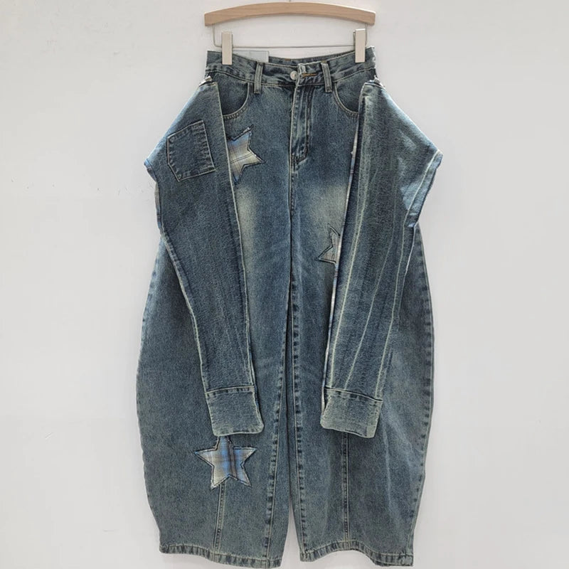 2026 Autumn Fashion High Street Star Patch Design Jeans For Women Trendy Loose Wide-Leg Denim Pants Female Trendy 11A06047