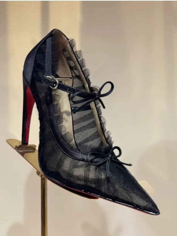 2026 Women's Summer Pointed Stiletto Lace Bow Sandals Fashion Fashion Show Party Wedding Ballet Women's High Heels