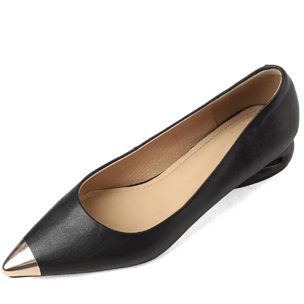 Handmade Genuine Leather Low Heel Metal Pointed Toe Soft Leather Flat Comfortable Women's Shoes Seasonal Slippers