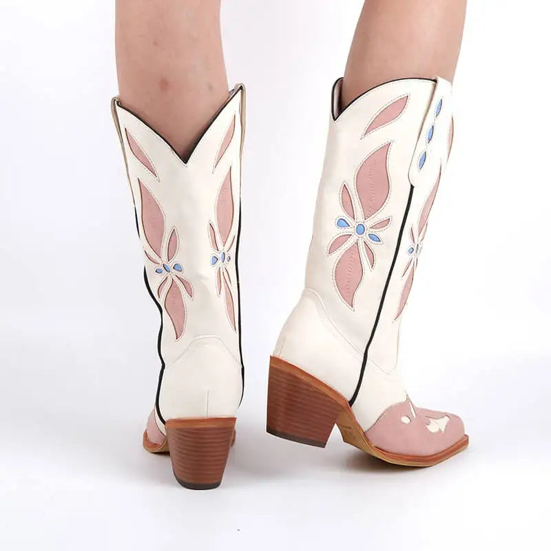 Onlymaker Women Pointed Toe Pull-on Knee High Western Boots Comfy  Wide Calf Chunky Heel Retro Classic  Cowgirl Boots