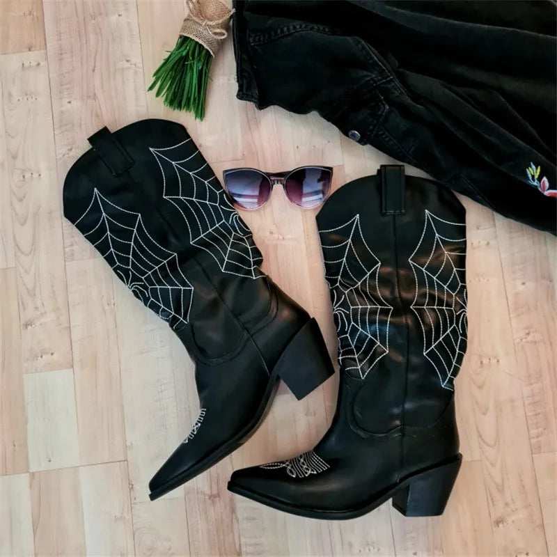 Onlymaker Women Black Pointed Toe Cowboy Boots Embroidery Spider Webs Fashion Handmade Female Mid-Calf Boots