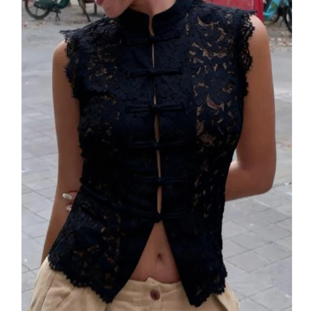 Women Summer Retro Hollow Lace Flower See Through Tanks Sleeveless Single Breasted Slim y2k Coquette Cropped Vest Club Party