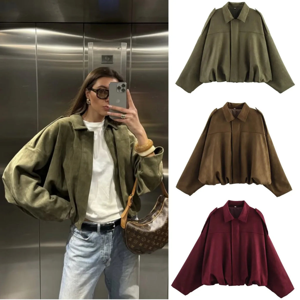 2025  Spring new women's suede texture effect Loose version of fashion lapel shoulder bomber jacket