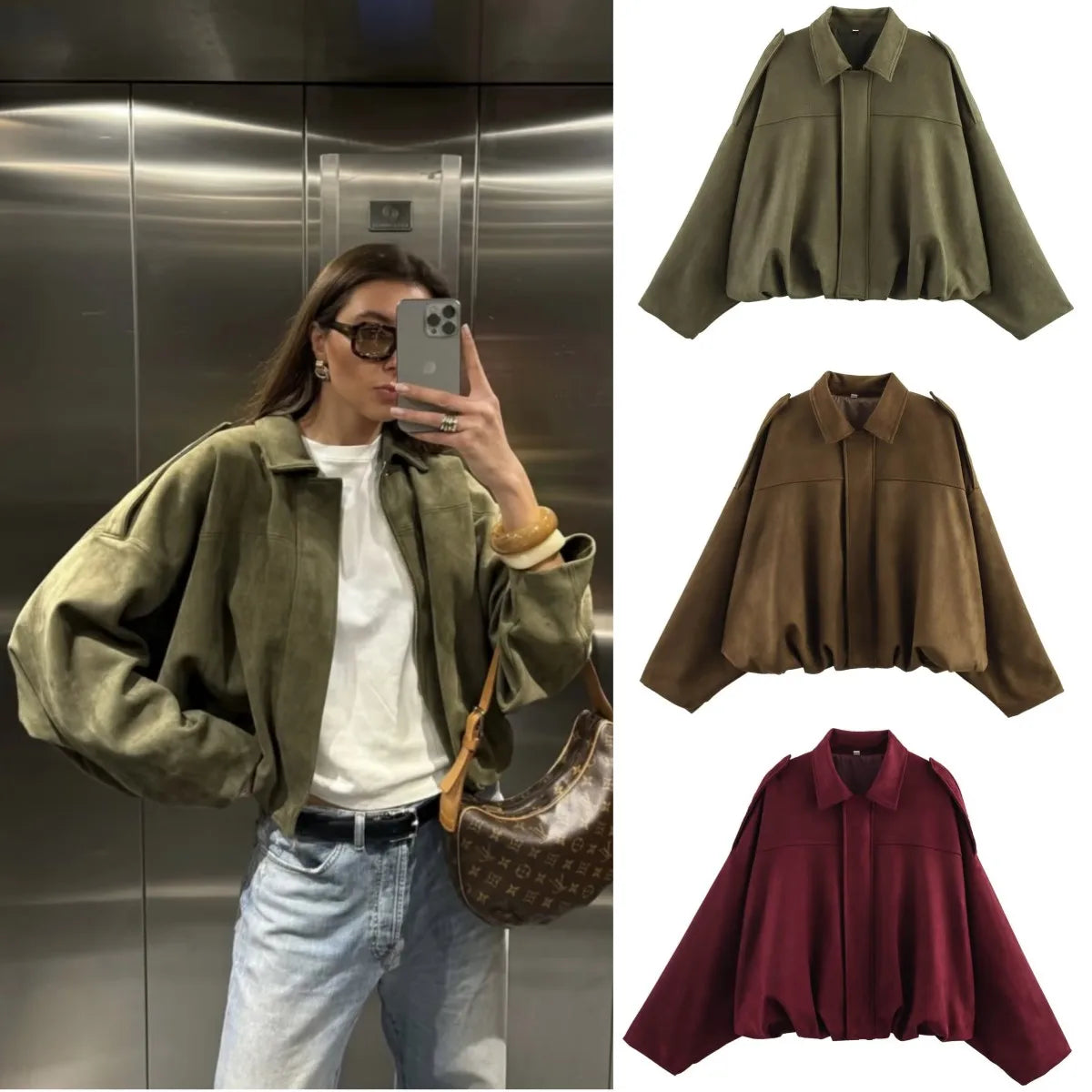 2025  Spring new women's suede texture effect Loose version of fashion lapel shoulder bomber jacket