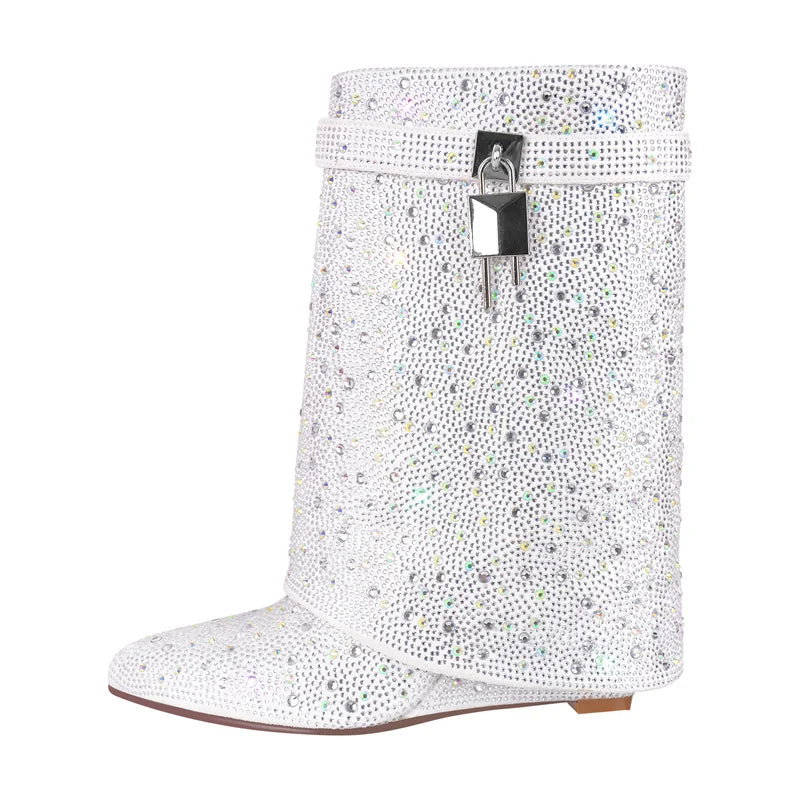 Onlymaker Women Rhinestone Fold Over Lock Shark Skirt Boots Pointed Toe Heel Thick High Heel Female Booties