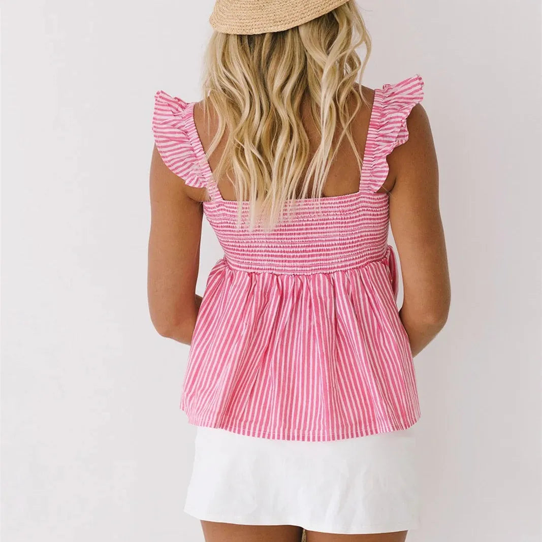 Women Cute Summer Tank Tops Square Neck Ruffled Peplum Shirred Bust Babydoll Top Striped Going Out Shirts for Teens