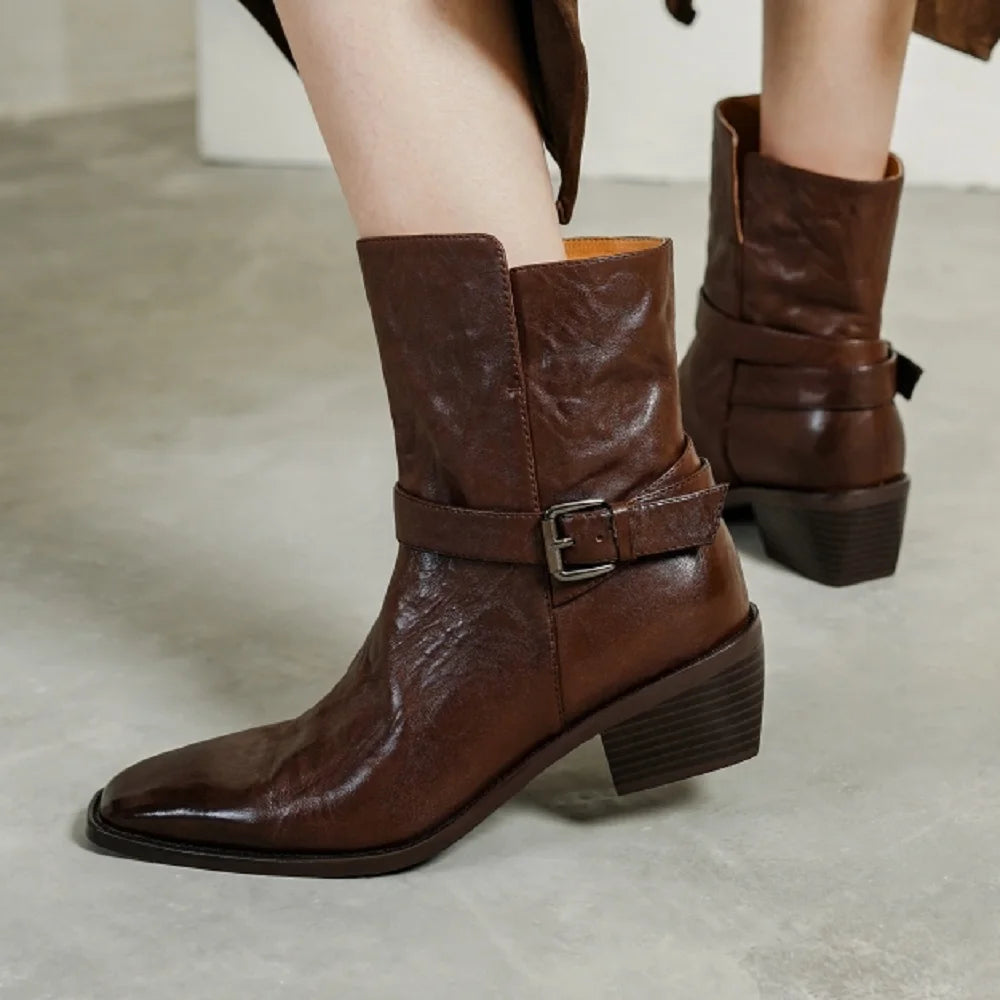 New Quality Women Handmade Genuine Leather Mid Heels Ankle Boots Sexy Square Toe Western Female High Boots 34-40
