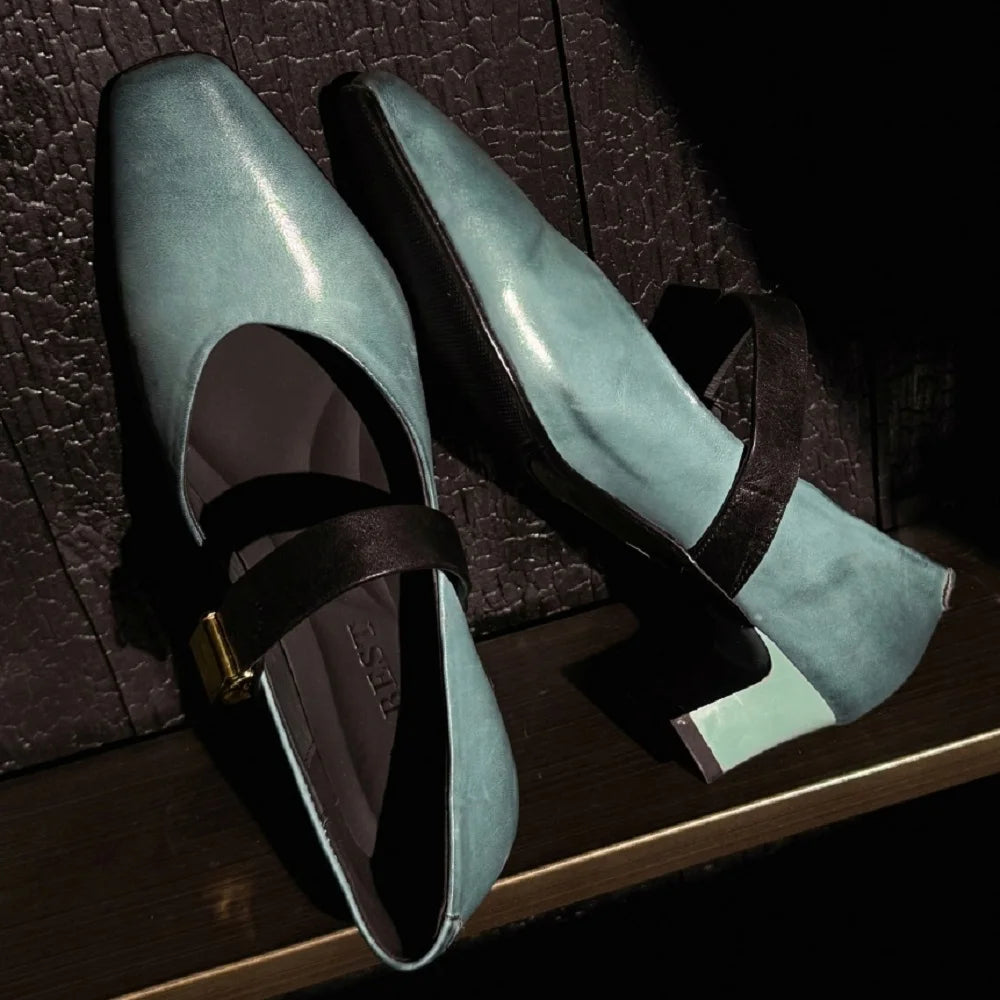 Handmade High Quality Genuine Leather Soft and comfortable Square Head Shallow Mouth Mid Heels Mary Janes Shoes