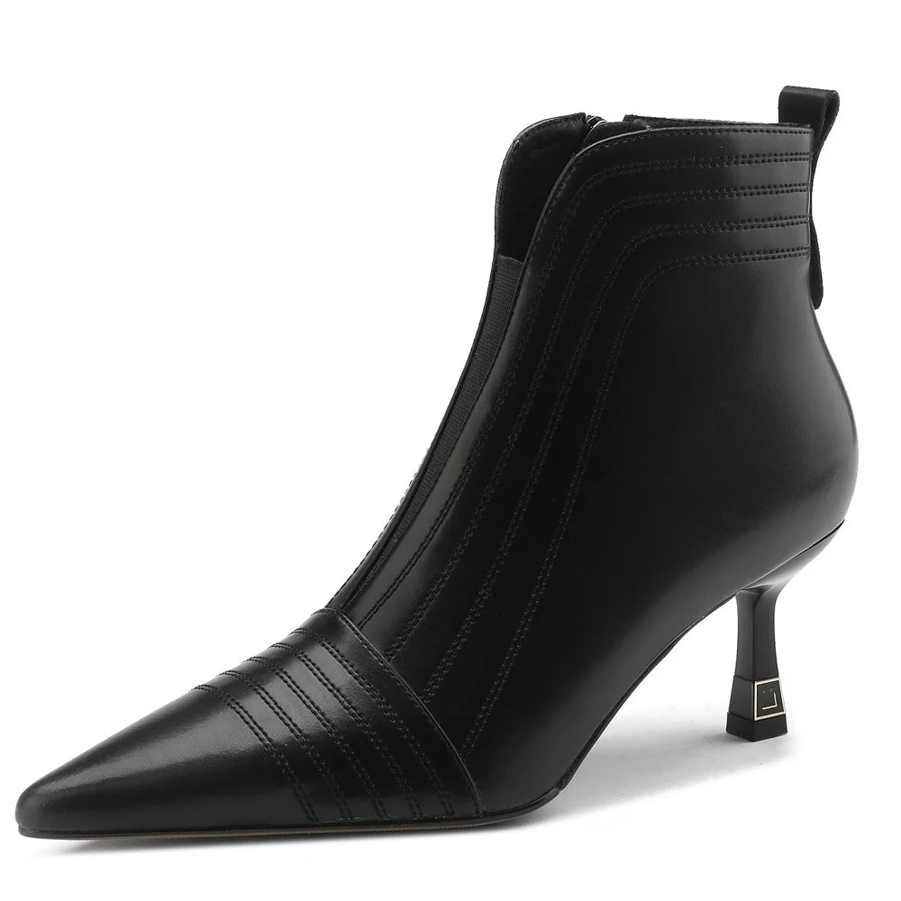 Sexy Pointed Toe Women Full Genuine Leather Ankle Boots Slip On Solid Color Super High Thin Heels Handmade For 42