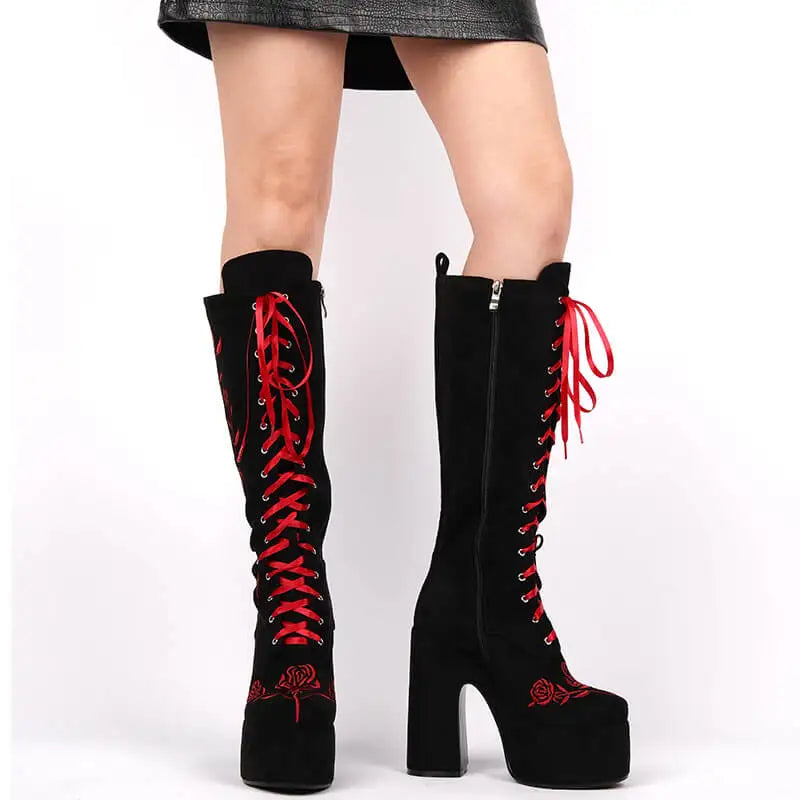 Onlymaker Round Toe Floral Embroidery Platform Boots Chunky Heel Side Zipper Lace-up Knee High Punk Boots