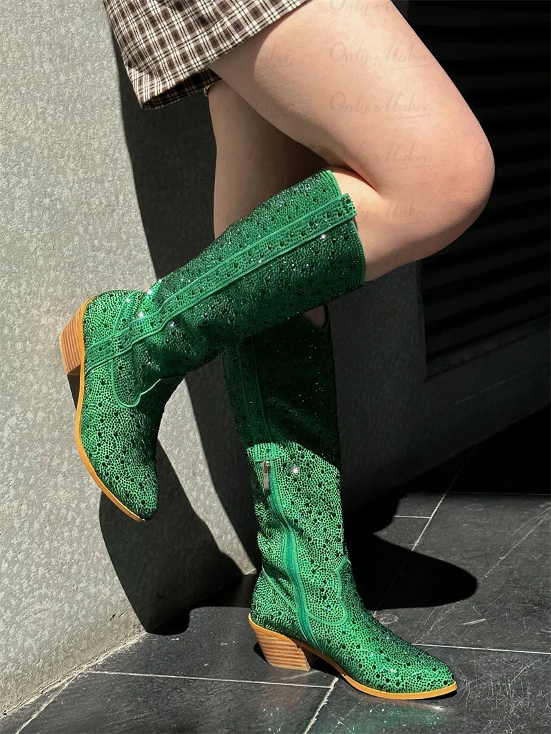 Onlymaker Women Rhinestone Green Knee High Boots Western Cowboy Boots Clear Glitter Bling Shiny Pointed Toe Block Heel Boots