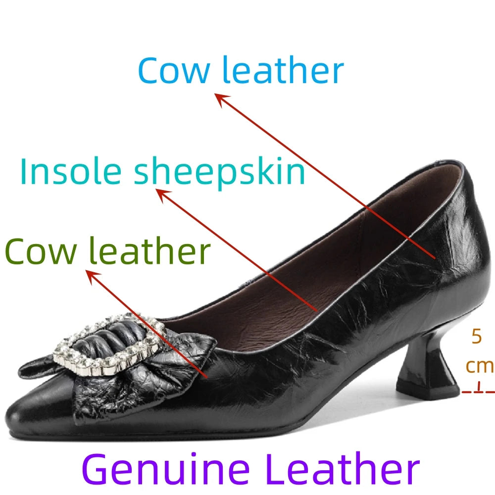 NEW Spring/Autumn Women Handmade Genuine Leather Women Pointed Toe Mid Heel Sweet Bow-knot Shallow Shoes 33-40