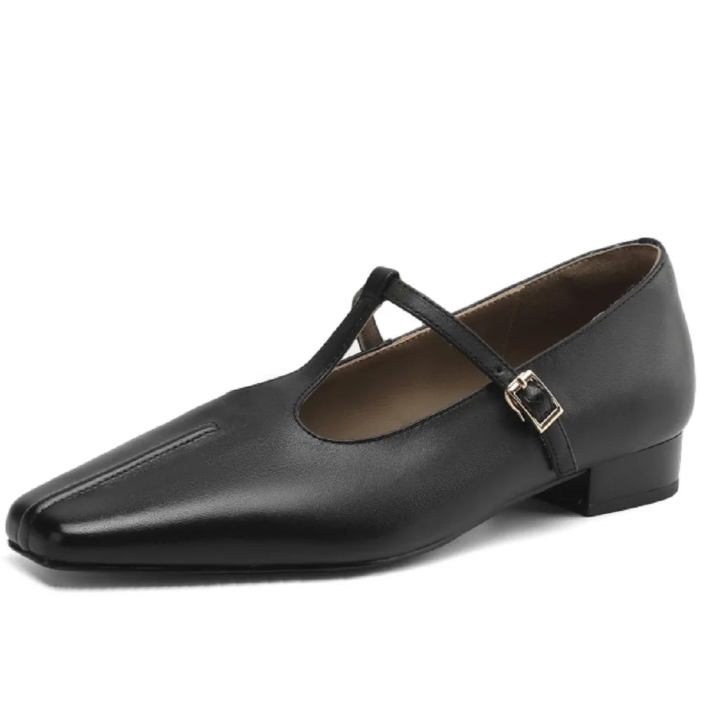 Handmade Genuine Leather Square Toe Low Heels T-strap Mary Janes Office Lady Party Catwalk Elegant Luxury 34-41