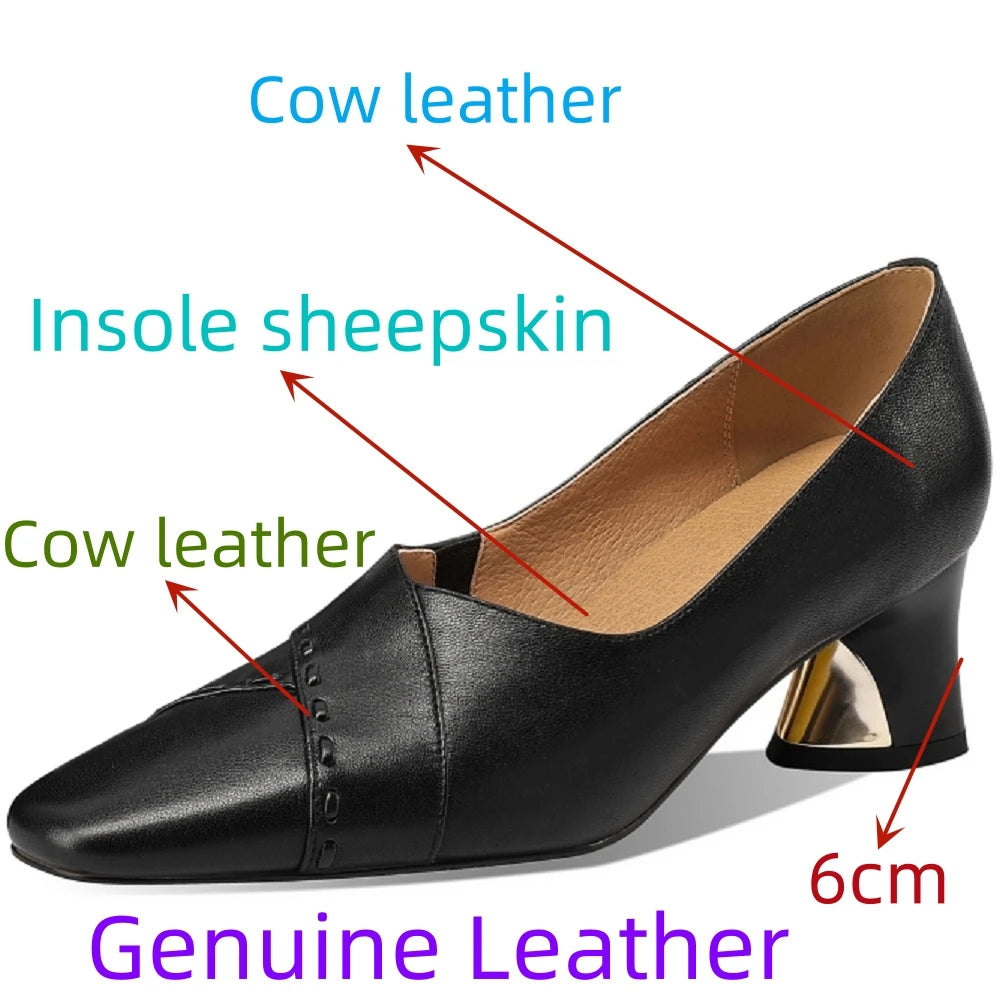 Women's Handmade Genuine Leather Shoes Thick Heels Work Shoes Comfortable Soft Sole Single Work Shoes 33-43