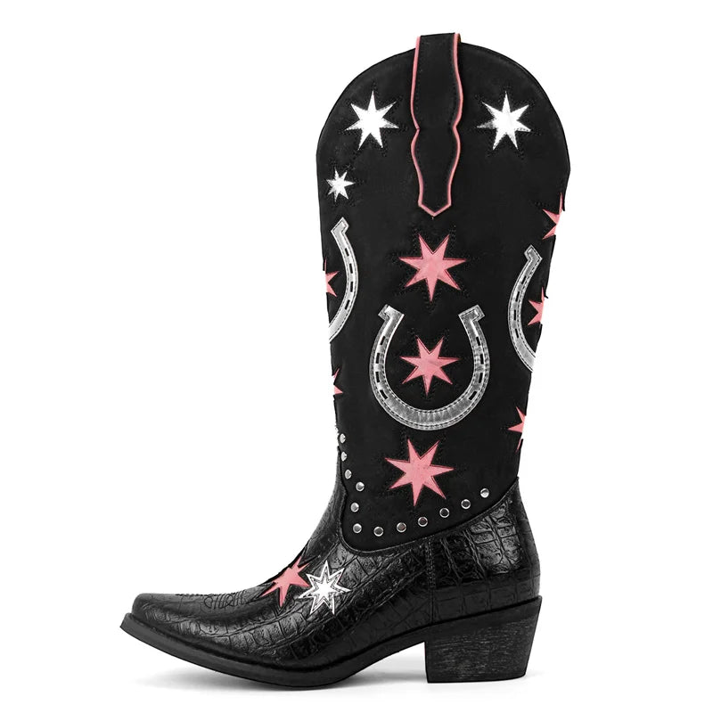 Onlymaker Women Embroidery Star Western Cowgirl Boots Pointed Toe Side Zipper Knee High with Chunky Heel  Boots