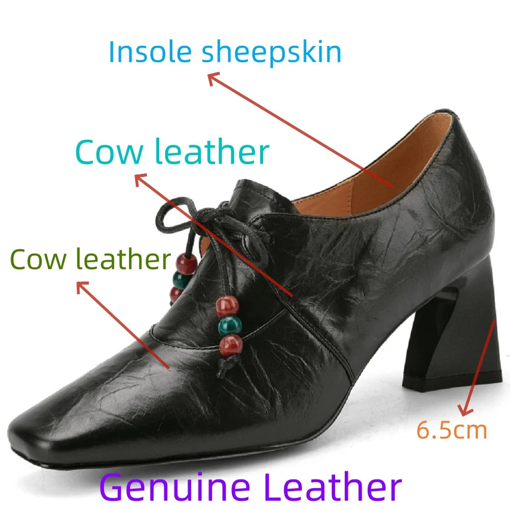 Woman's Handmade Genuine Leather High Heels New High Quality Square Business Commuter Girls Shoes Banquet 34-40