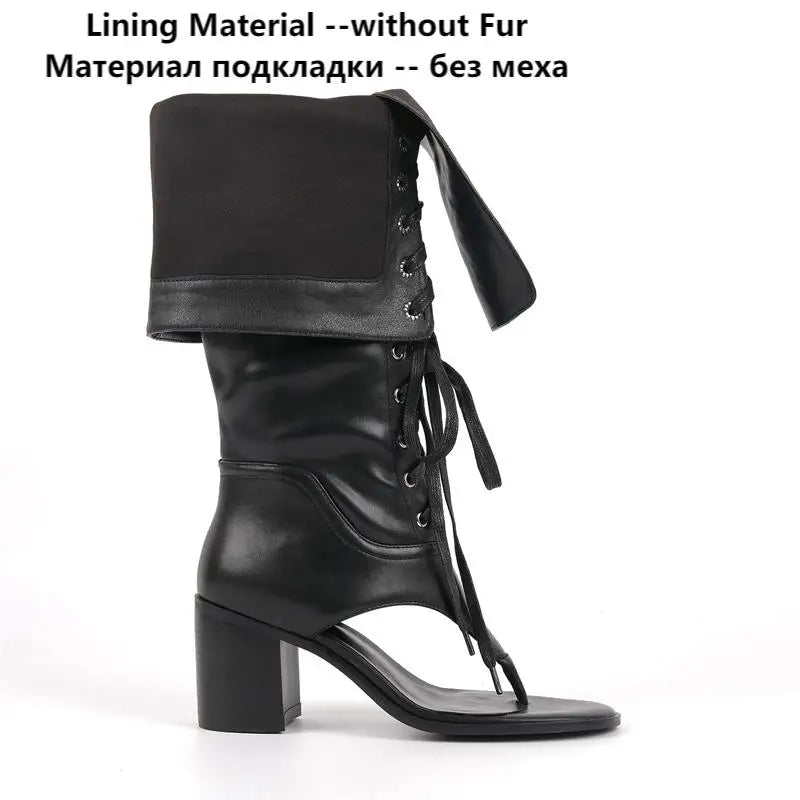 Onlymaker Women  Open Toe Black Matte Knee High Boots Lace-up Low Heels Party Flip-Flops Sandals Boots