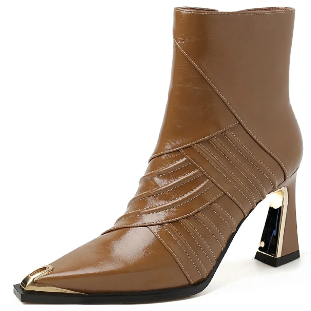 New Women Handmade Genuine Leather Ankle Boot Short Pointed Toe Thin High Heels Winter Modern Ladies Shoes 33-40