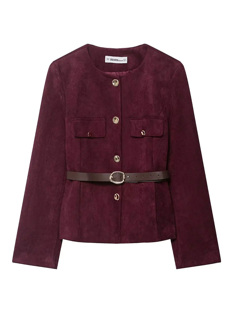 HH Women New Fashion Suede Blazer Coats O Neck Single Breasted Long Sleeve Belt Jacket Autumn Casual Female Y2K Streetwear