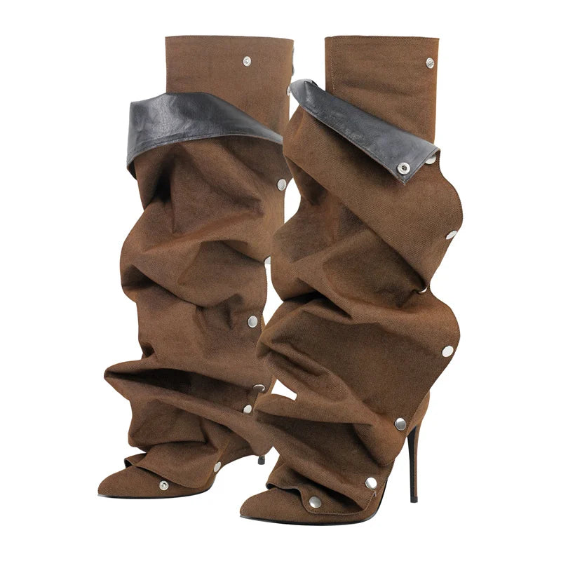 Onlymaker Women Pointed Toe Pleated Thin Heel Knee High Boots Back Zipper Fashion Buttons Stiletto Removable Boots