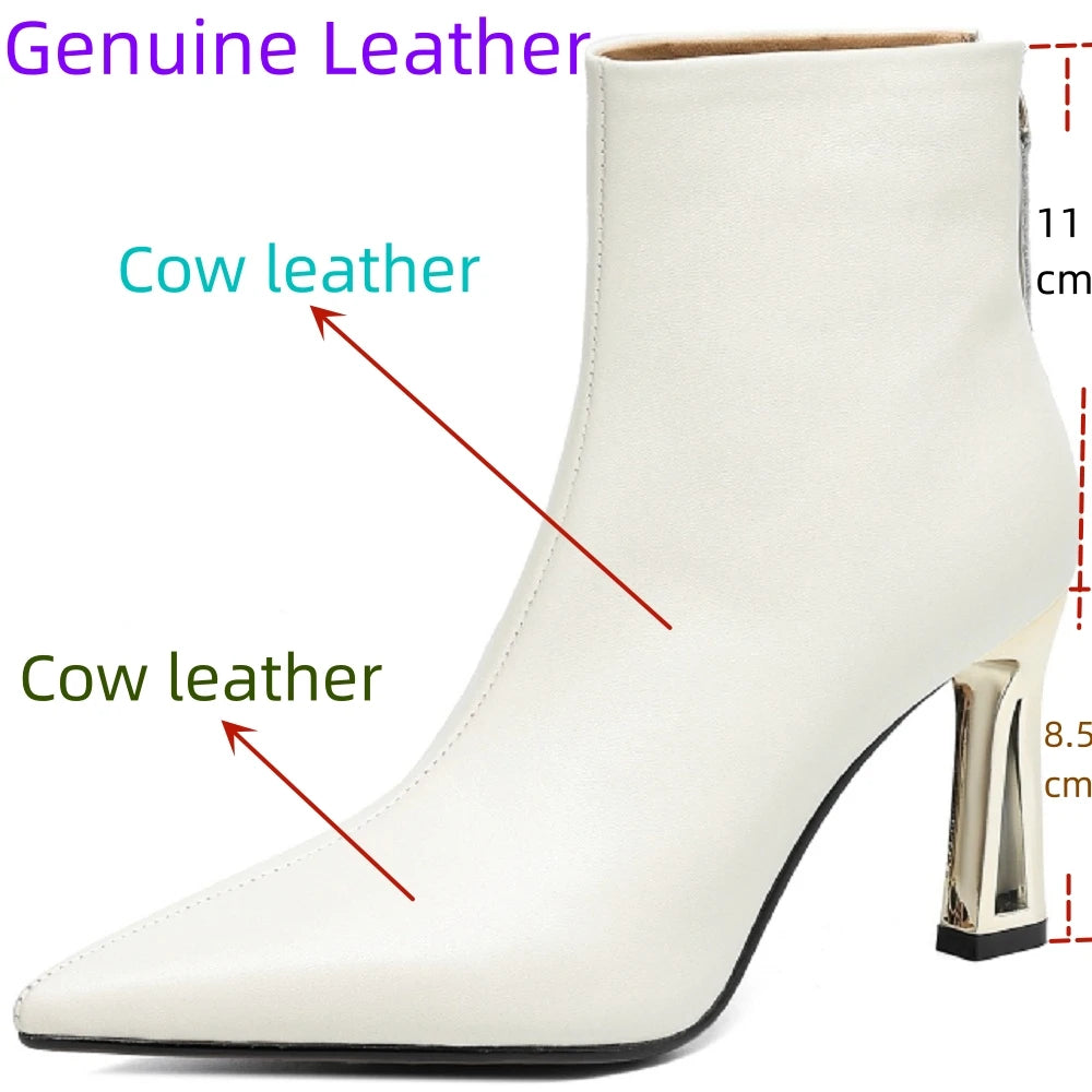 Handmade Genuine Leather Pointed Toe High Heels Chic Design Concise Shoe Dress Warm Wedding Ankle Boots 34-40