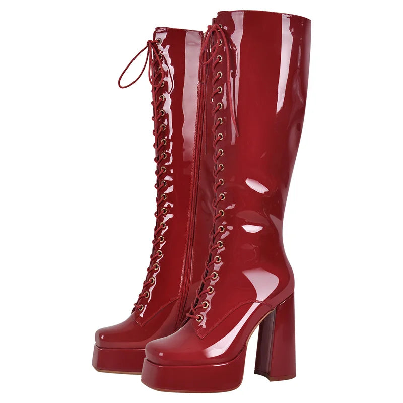 Onlymaker Women Platform Square Toe Side Zipper Knee High Boots Big Size Winter Lady Gold Punk Boots
