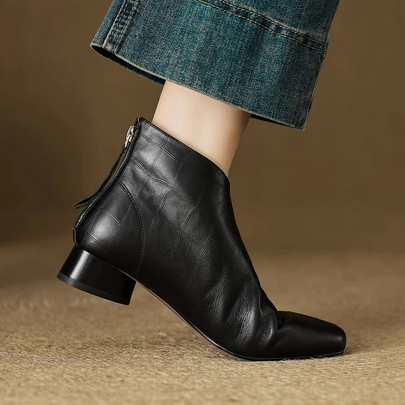 women's stone pattern cow leather square toe front Back ankle boots med heel casual short boots 34-40