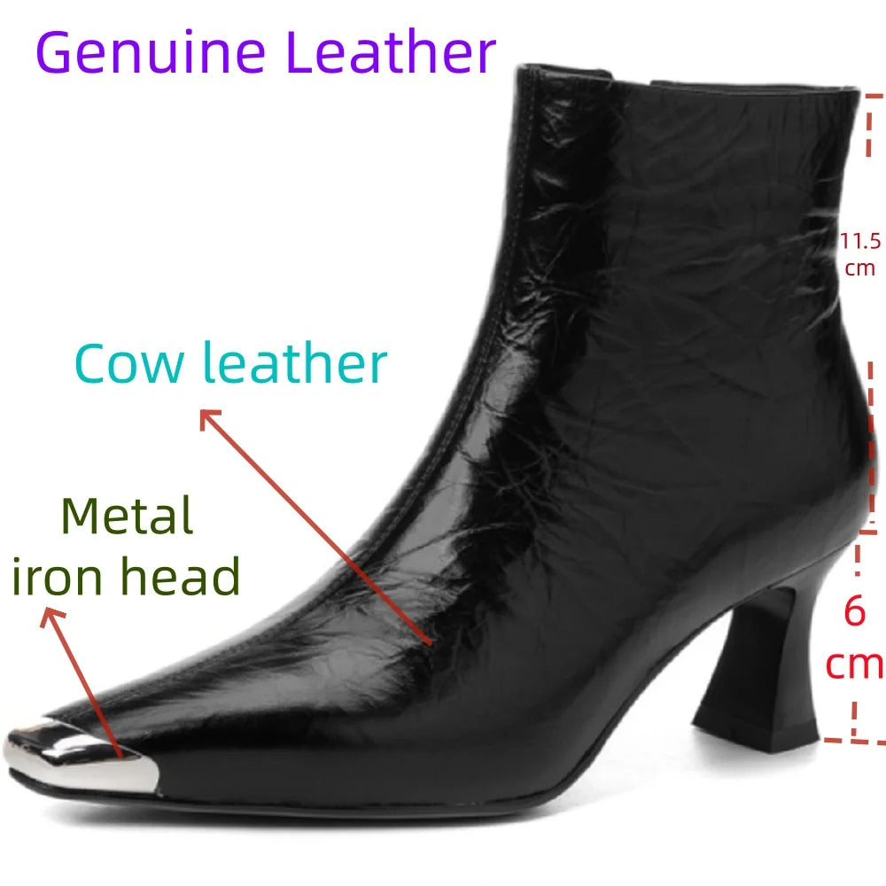 New Women Ankle Boots Winter Genuine Leather Autumn Shoes High Heels Pointed Toe Dress Lady Short Boots