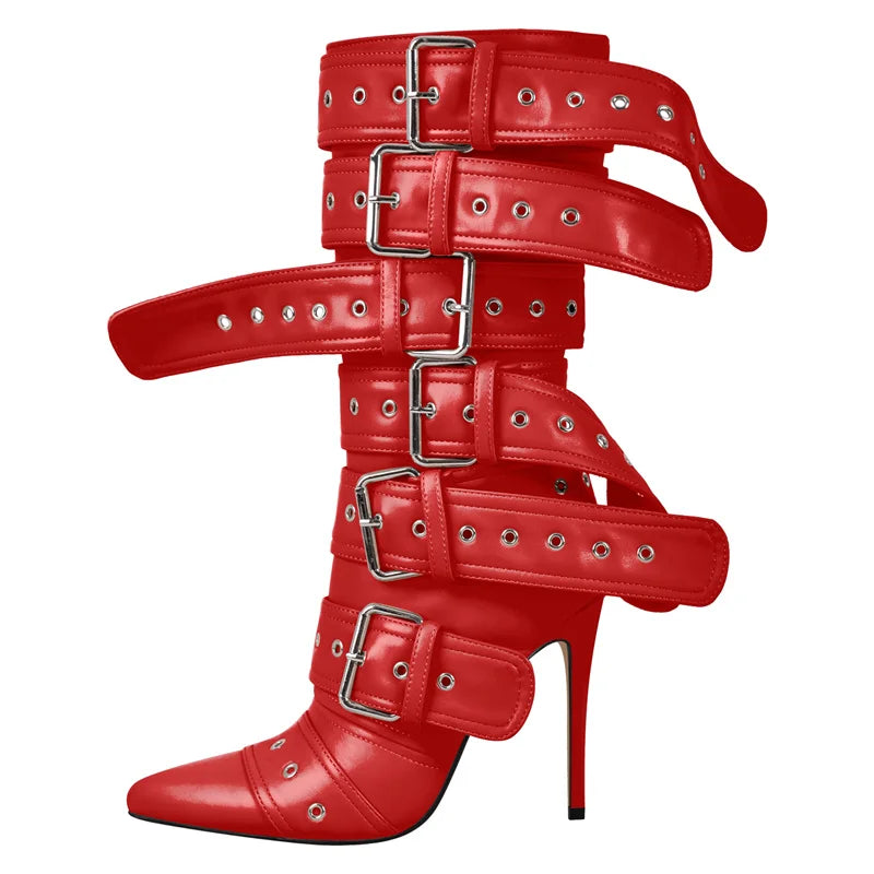 Onlymaker Women Pink Mid-Calf Boots Buckle Strap Thin High Heel Lady Zipper Female Pointed Toe  Stiletto Boots
