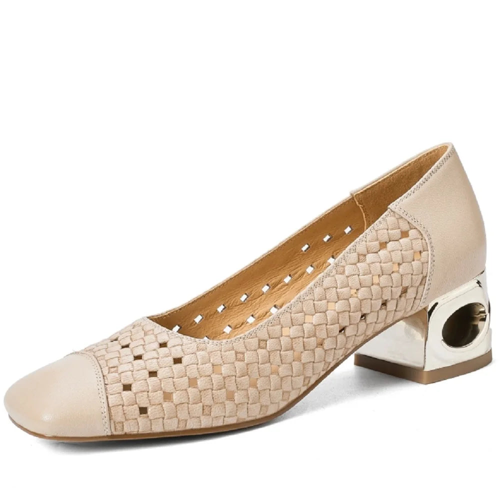 Women's hollow-out Handmade Genuine Leather patchwork summer breathable Mid heel elegant ladies daily slim 34-40