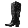 Onlymaker Women Black Pointed Toe Cowboy Boots Embroidery Spider Webs Fashion Handmade Female Mid-Calf Boots