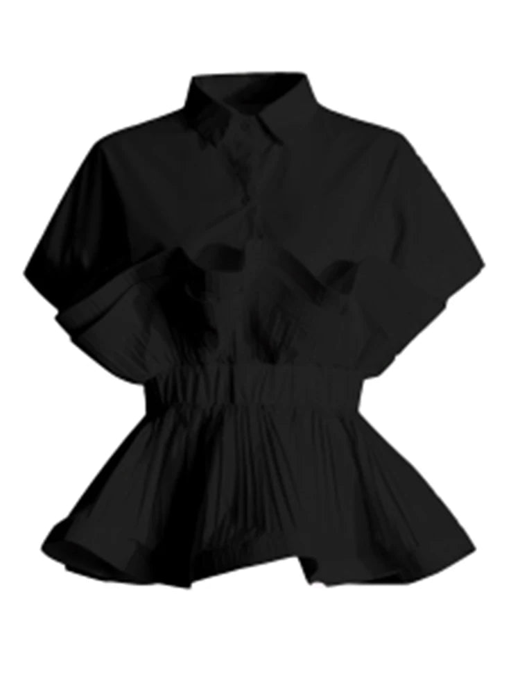 Solid Patchwork Folds Casual Shirts For Women Lapel Short Sleeve Spliced Single Breasted Minimalist Blouses Female Fashion