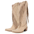 Onlymaker Women Pointed Toe Retro Fringe Pull On Western Cowgirl Boots Fringed Chunky Heel Embroidery Cowboy Boots