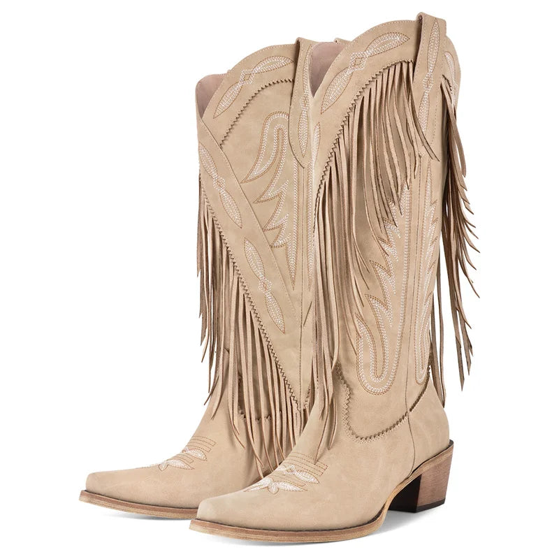 Onlymaker Women Pointed Toe Retro Fringe Pull On Western Cowgirl Boots Fringed Chunky Heel Embroidery Cowboy Boots