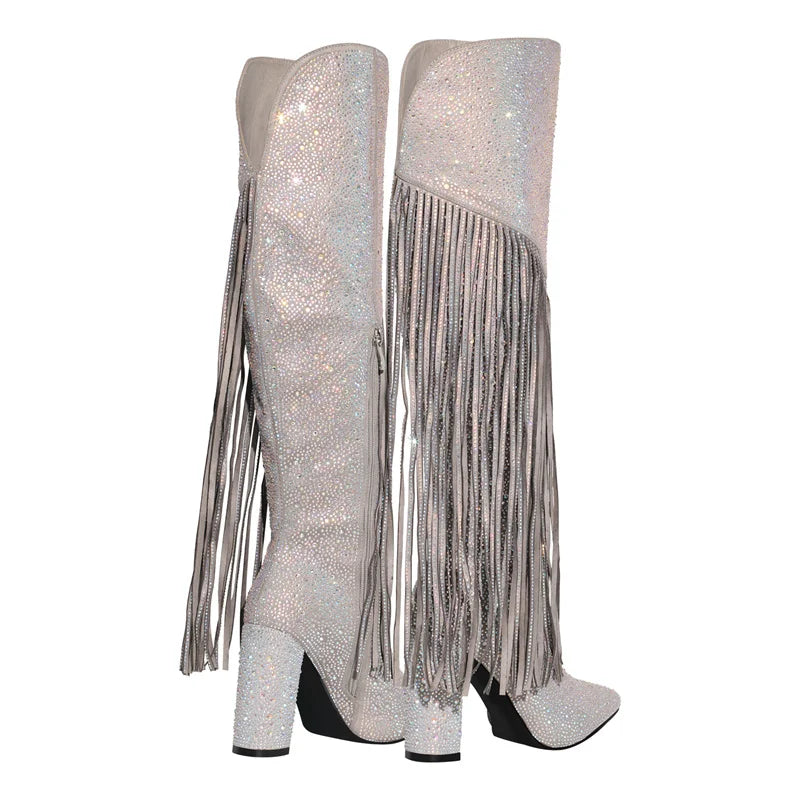 Onlymaker Women Fringe Rhinestones Bling Western Cowboy Boots Cowgirl Pointed Toe Block High Heel Side Zipper Knee High Boots