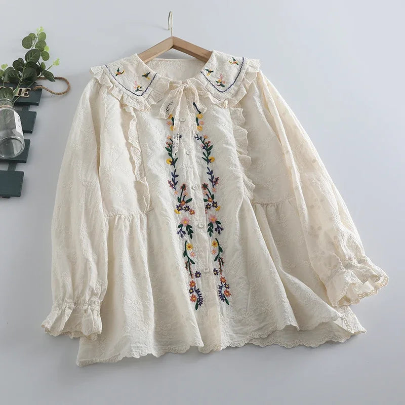 Fall Mori Girl Cotton Floral Embroidery Lace Long Sleeve Shirt Vintage Shabby Chic Cottagecore Sweet Victorian Rococo Blouse