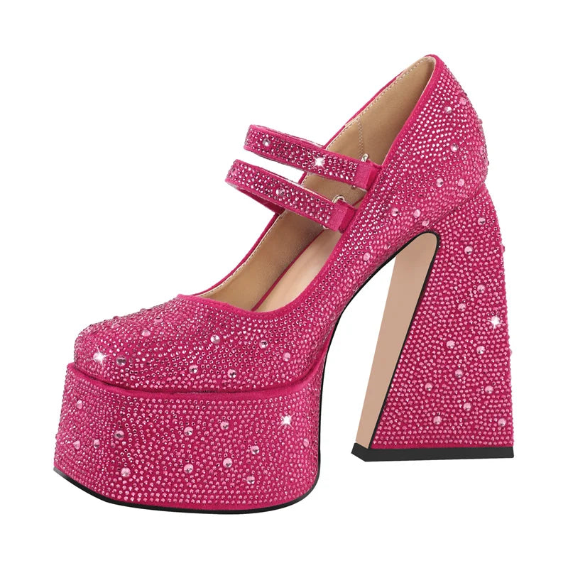 Women Platform Pumps Mary-Jane Rhinestone Chunky High Heels Ankle Strap Dress Party Punk Shoes