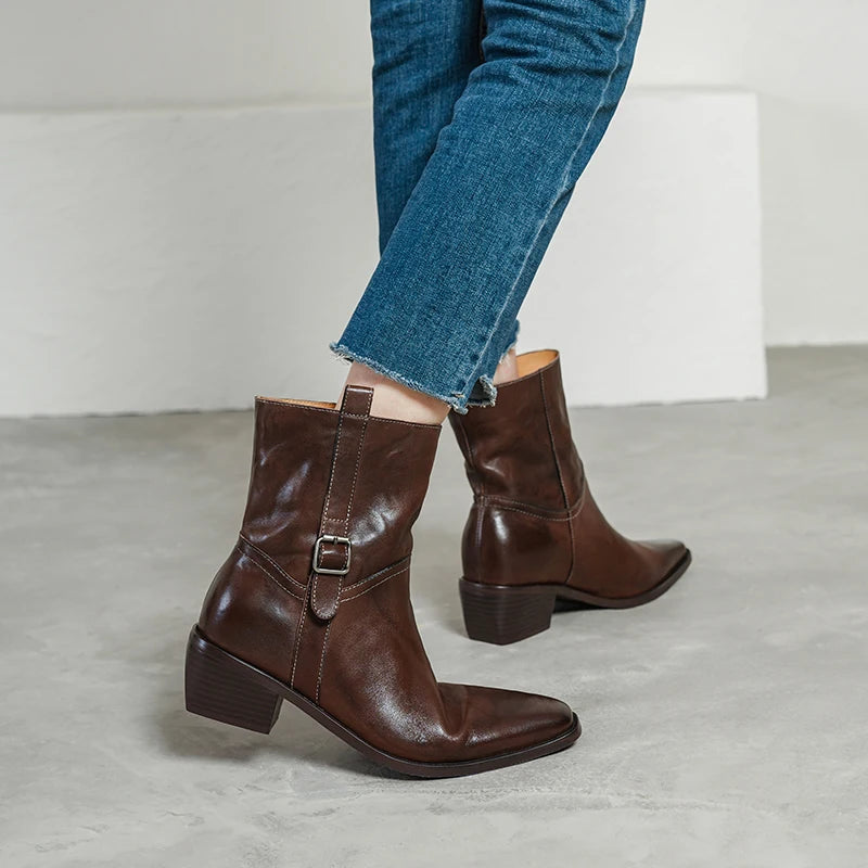 Handmade Genuine Leather Soft comfortable Ankle Boots Women New High Quality Square Mid Heel Boots Shoes 34-40