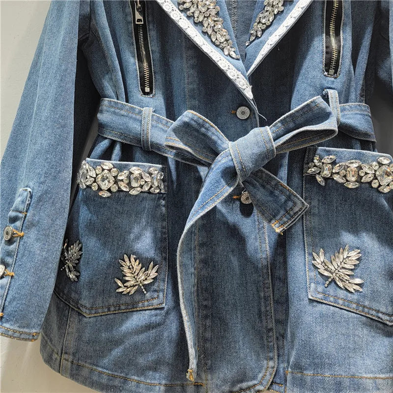 2026  Jeans Jacket Fashion Style Rhinestone Zipper Denim Jacket For Women Turn-down Collar With Belt Waist Versatile Coat Female 11A08647