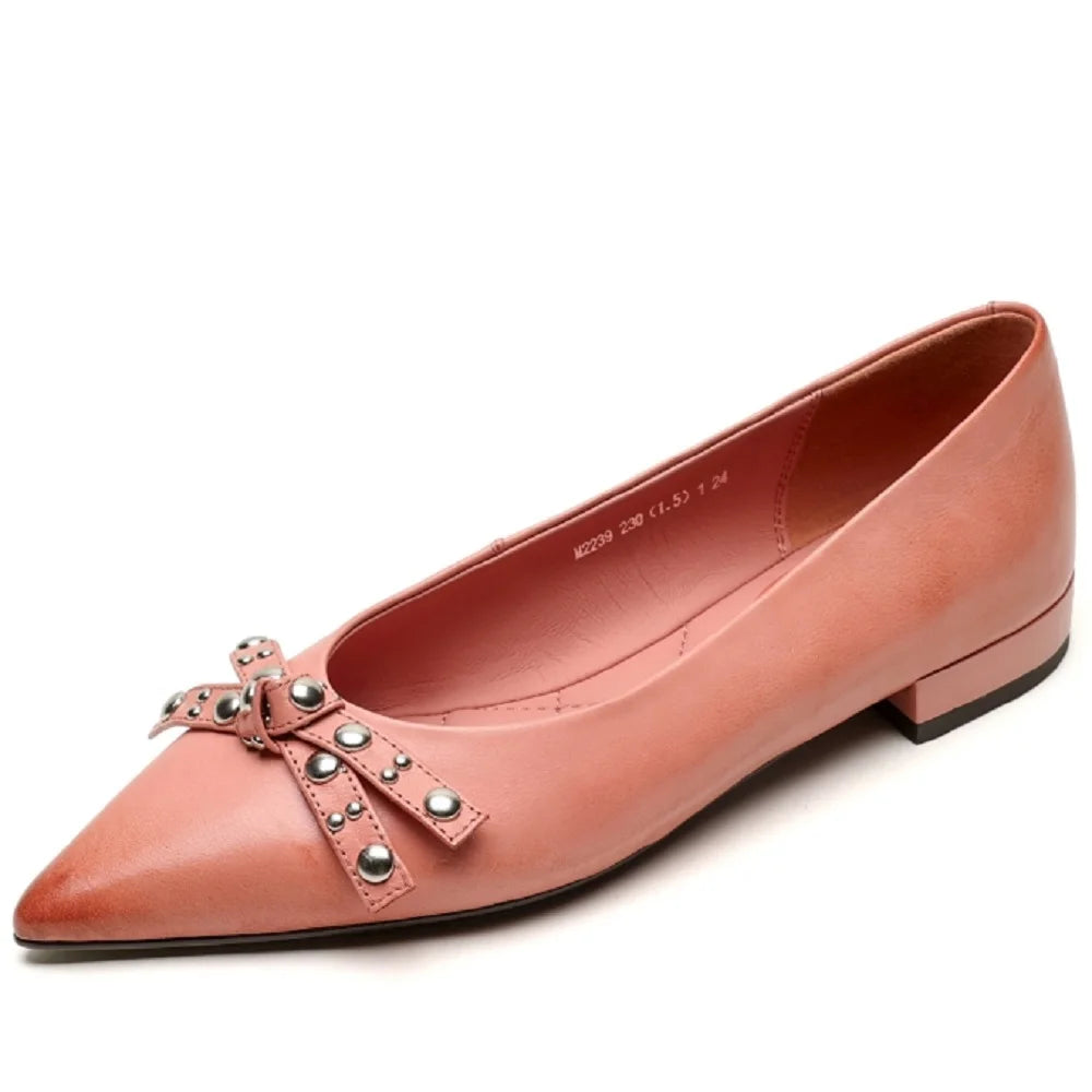 Handmade Genuine Leather Pointed Toe Low Heels Street Wear Slip On Butterfly-knot Decoration Sweet Girl 34-40