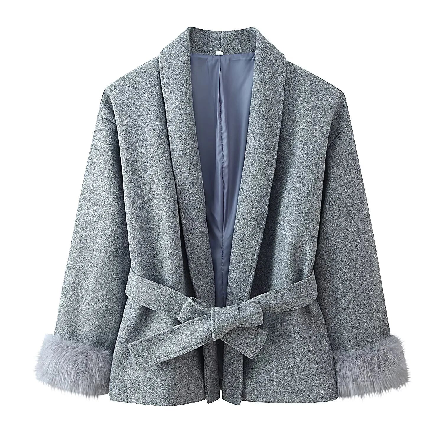 American style spicy girl loose fit slimming strap hairy sleeve woolen coat sweet cool casual versatile solid color top