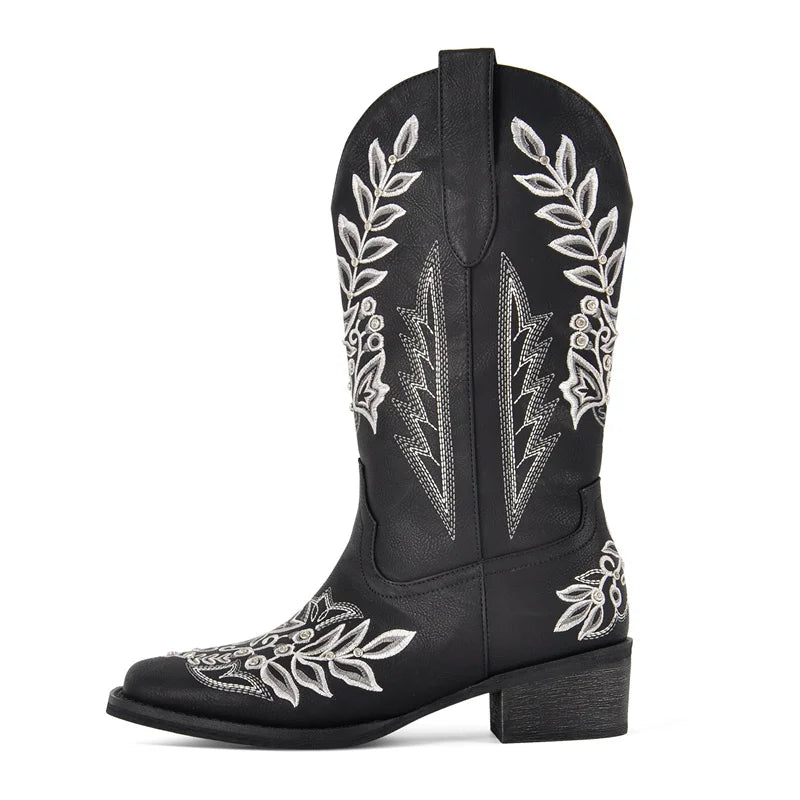 Women Square Toe Floral Rhinestones Embroidery Western Boots Pull On Knee High Chunky Heel Embroidered Boots