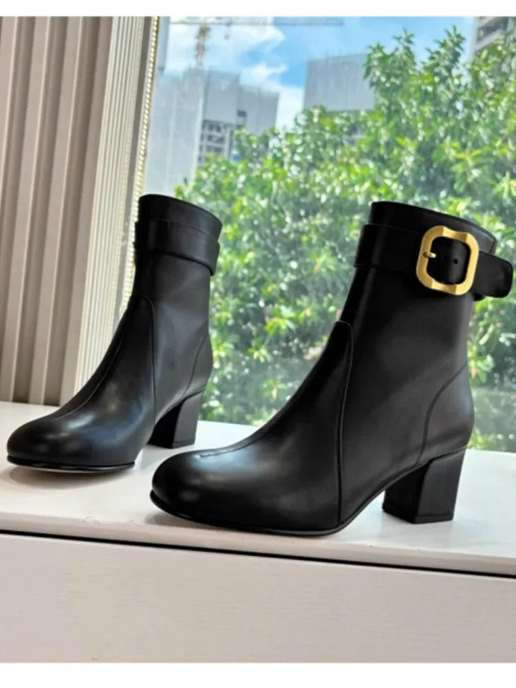 Women's New Thick High Heels Knee High Boots Autumn and Winter Round Toe Buckle Fashionable Mid Heel Boots Women's Short Boots