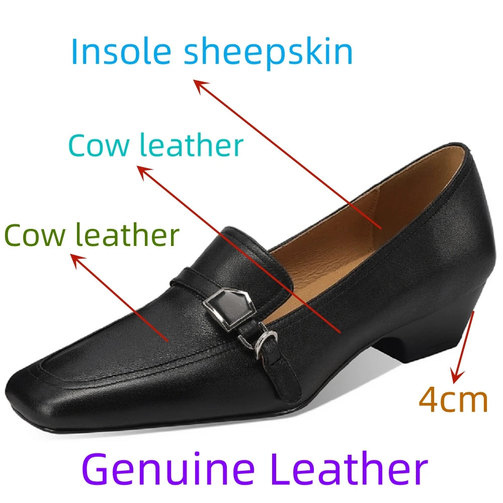 Women's Handmade Retro Versatile SquareToe Soft Genuine Leather Comfortable Chunky Heel Temperament Shoes 33-43