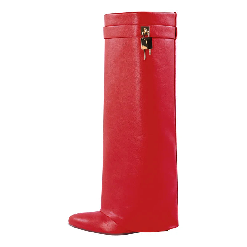 Onlymaker Women Shark Lock Pants Boots Women Wedge Brand Fold Knee High Heel Black Red Female Boots
