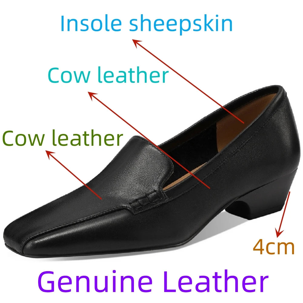 New Women Handmade Genuine Leather Soft comfortable Square Toe Med Heel Loafers Casual Mules Ladies Shoes 33-43