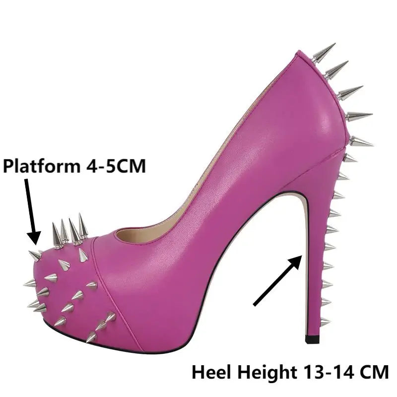 Women  Round Toe Pink Platform Rivet  Heels Pumps Dress Party Dress Sexy 13CM Stiletto Slip On Heels Shoes