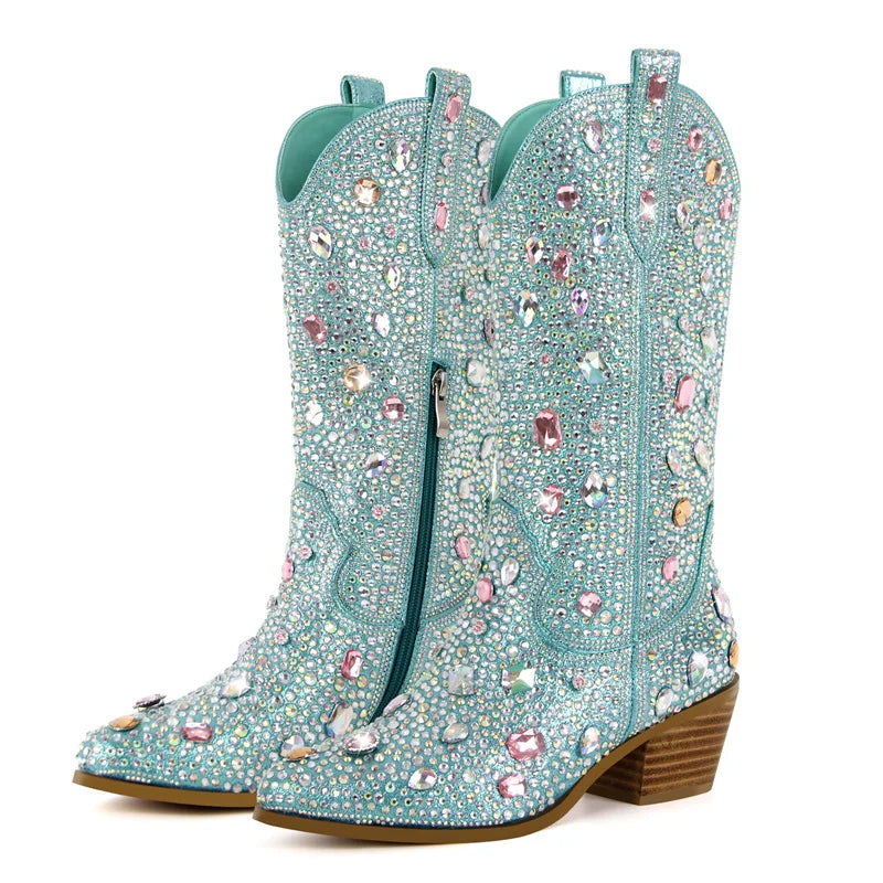 Women Sparkly Multi-colored Rhinestone Handmade Mid-calf Western Boots