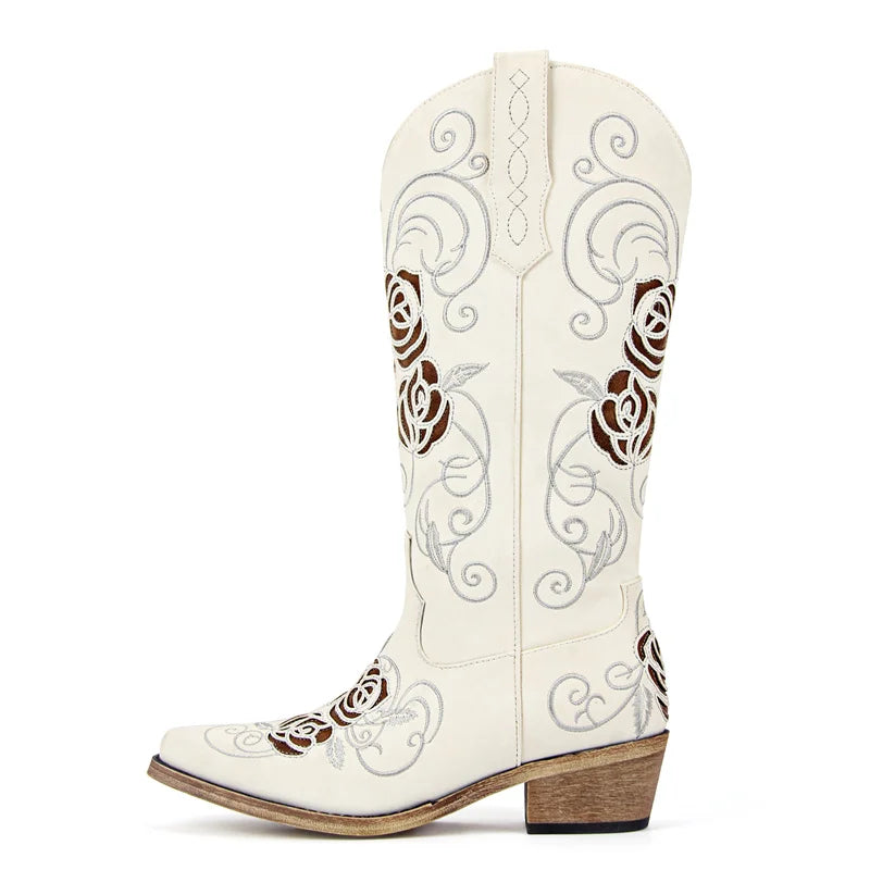 Onlymaker Women White Floral Western Embroidery Cowgirl Boots Pointed Toe Side Zipper Knee High with Chunky Heel  Boots