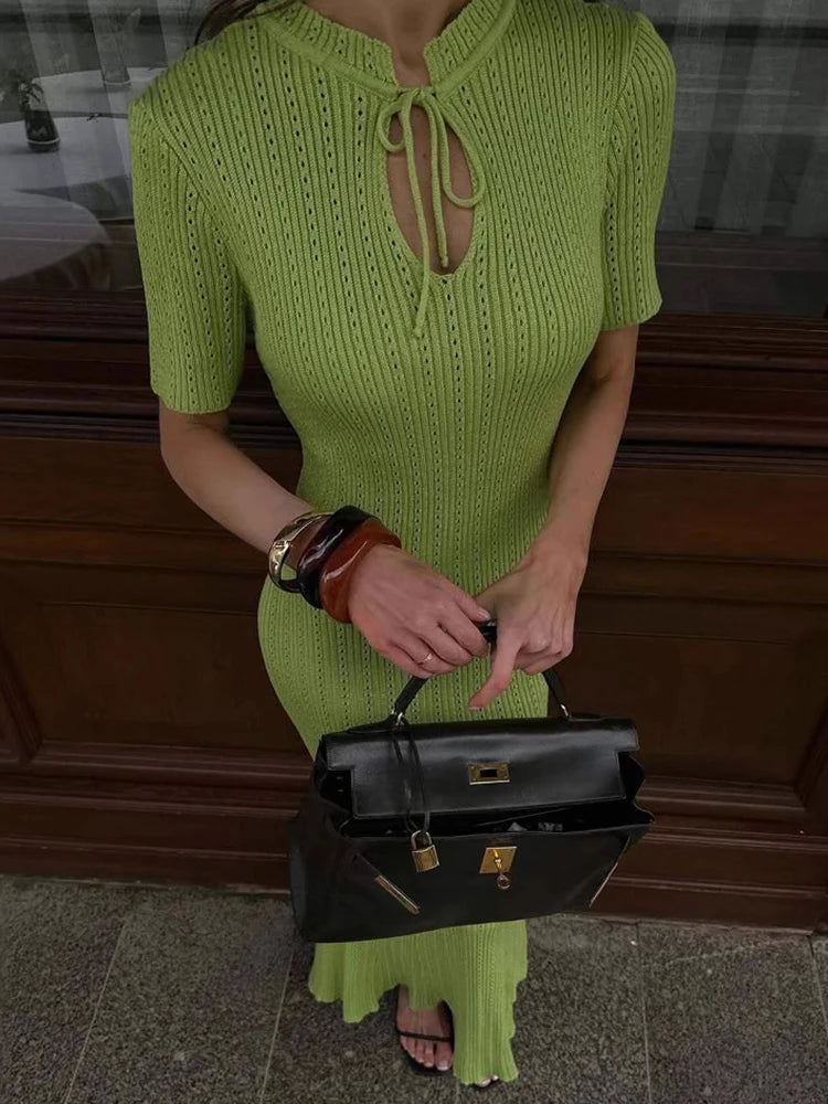 TARUXY Short Sleeve Knitted Long Dress Female Slim Hollow Retro Elegant Sweater Dress 2026 Summer New High Waist Women‘s Dress